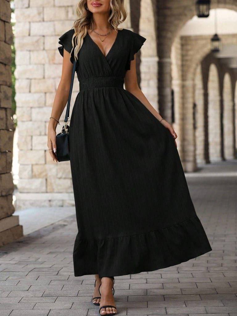 JA2393 - Flounced Sleeve long dress with slit waist